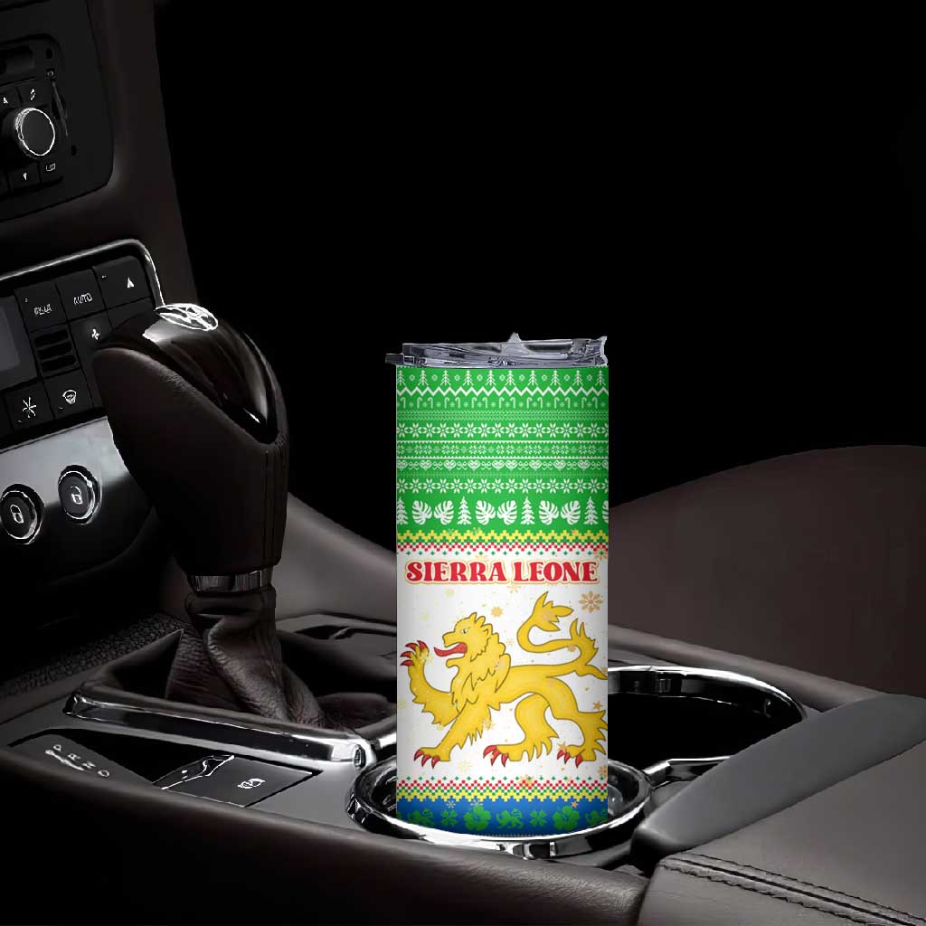 Sierra Leone Christmas Skinny Tumbler Festive Pattern Golden Lion Emblem and Santa Sleigh - African Pride