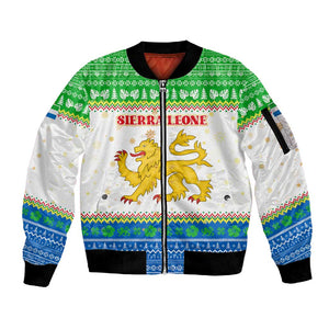 Sierra Leone Christmas Sleeve Zip Bomber Jacket Festive Pattern Golden Lion Emblem and Santa Sleigh - African Pride