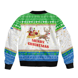 Sierra Leone Christmas Sleeve Zip Bomber Jacket Festive Pattern Golden Lion Emblem and Santa Sleigh - African Pride