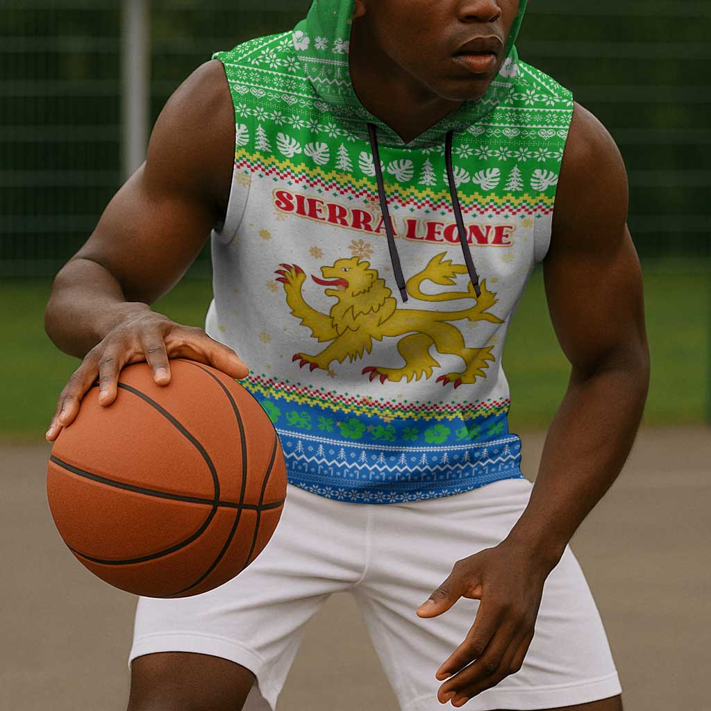 Sierra Leone Christmas Sleeveless Hoodie Festive Pattern Golden Lion Emblem and Santa Sleigh - African Pride