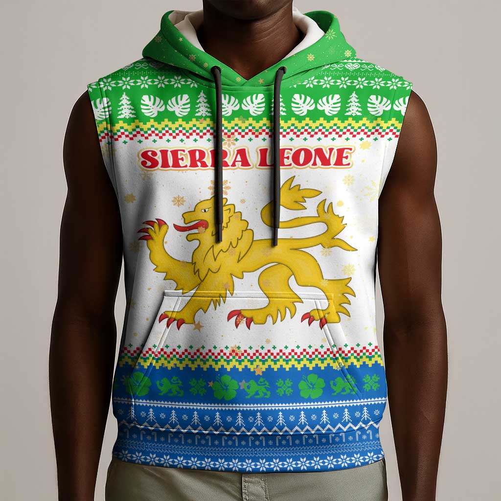 Sierra Leone Christmas Sleeveless Hoodie Festive Pattern Golden Lion Emblem and Santa Sleigh - African Pride