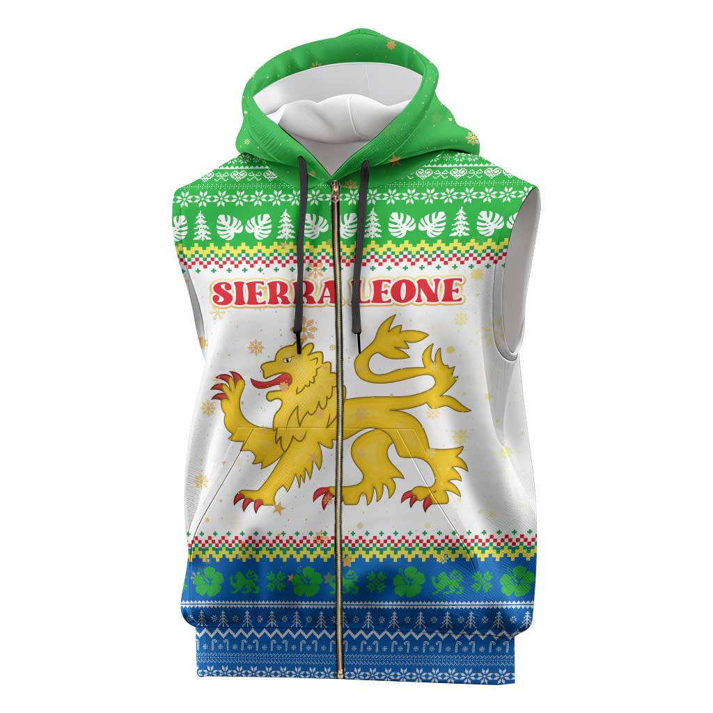 Sierra Leone Christmas Sleeveless Zip Hoodie Festive Pattern Golden Lion Emblem and Santa Sleigh - African Pride