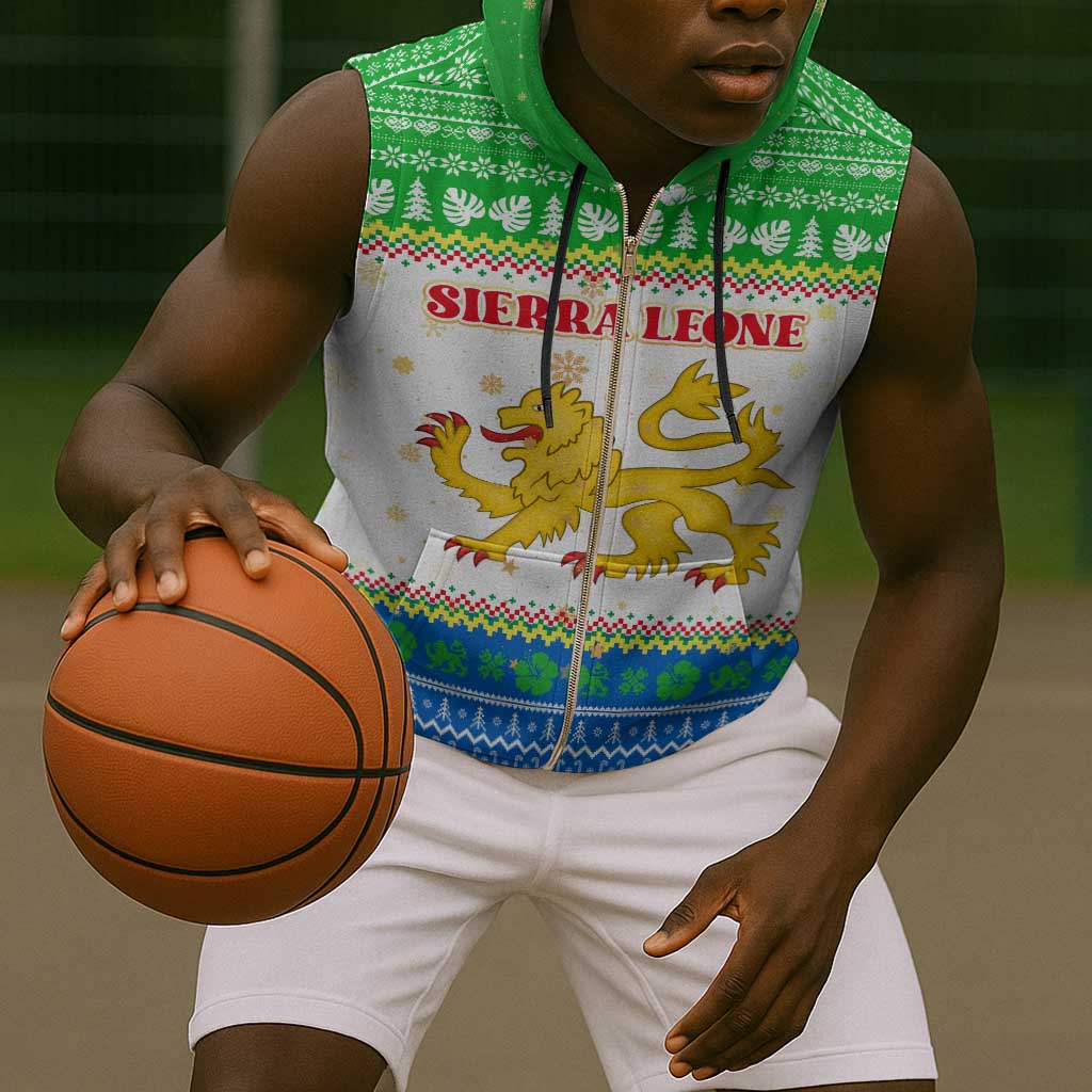 Sierra Leone Christmas Sleeveless Zip Hoodie Festive Pattern Golden Lion Emblem and Santa Sleigh - African Pride