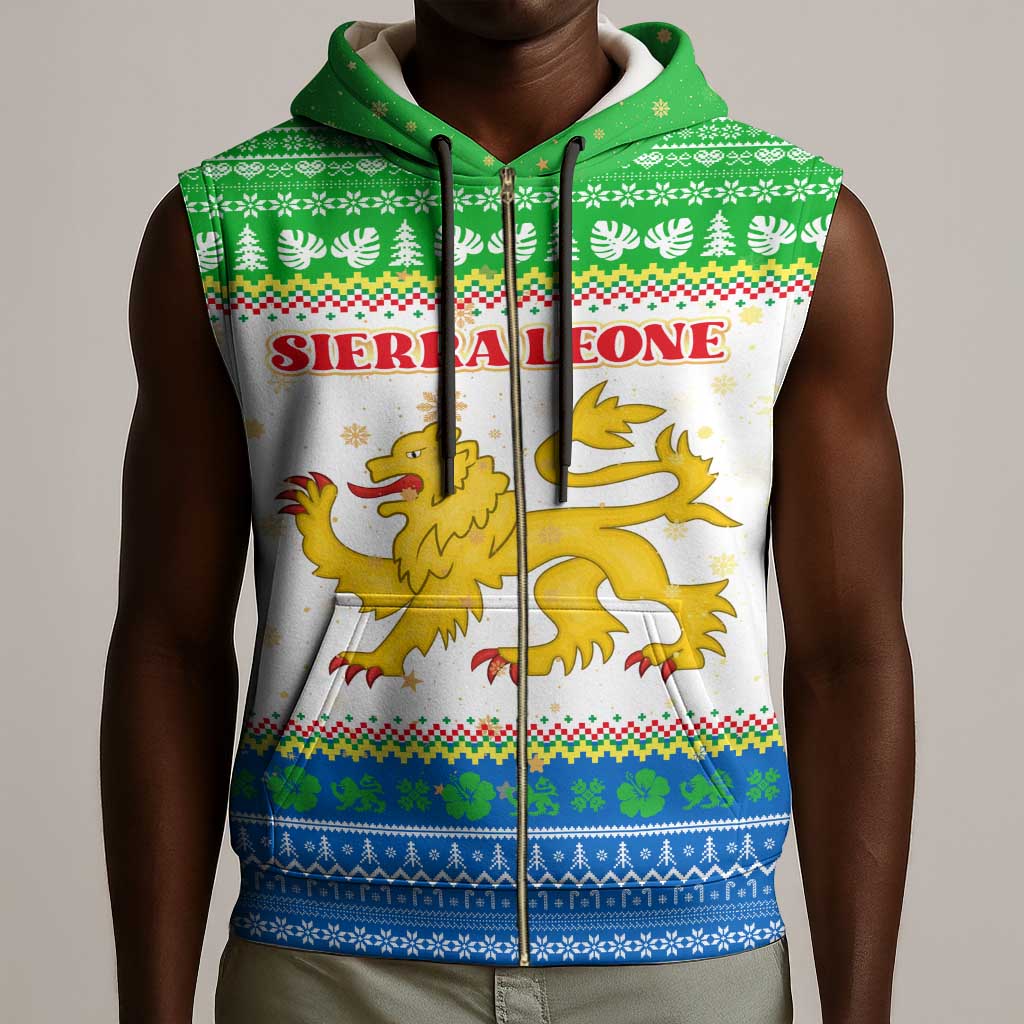 Sierra Leone Christmas Sleeveless Zip Hoodie Festive Pattern Golden Lion Emblem and Santa Sleigh - African Pride