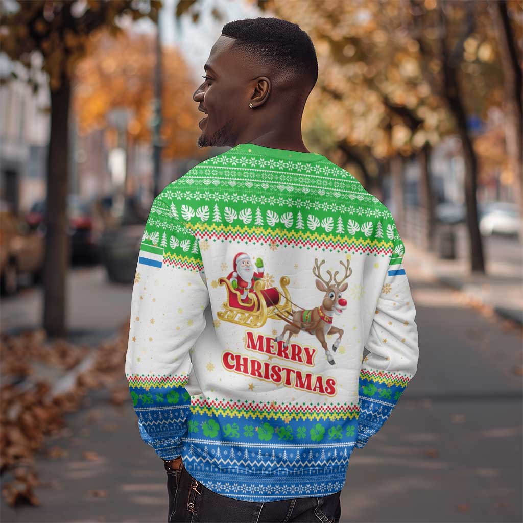 Sierra Leone Christmas Sweatshirt Festive Pattern Golden Lion Emblem and Santa Sleigh - African Pride