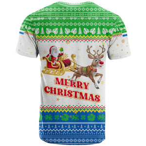 Sierra Leone Christmas T shirt Festive Pattern Golden Lion Emblem and Santa Sleigh - African Pride