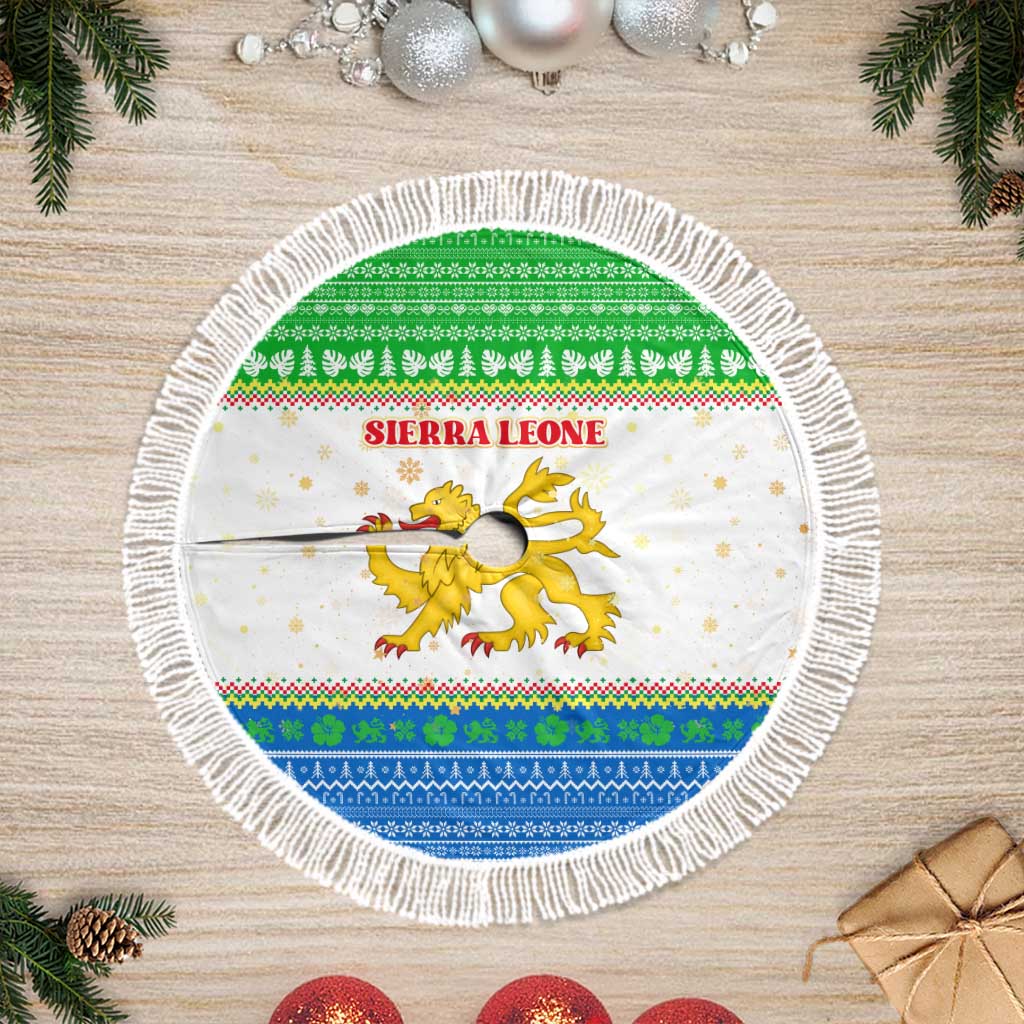 Sierra Leone Christmas Tree Skirt Festive Pattern Golden Lion Emblem and Santa Sleigh - African Pride