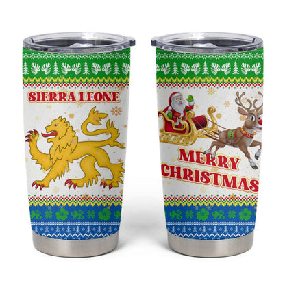 Sierra Leone Christmas Tumbler Cup Festive Pattern Golden Lion Emblem and Santa Sleigh - African Pride