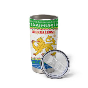 Sierra Leone Christmas Tumbler Cup Festive Pattern Golden Lion Emblem and Santa Sleigh - African Pride