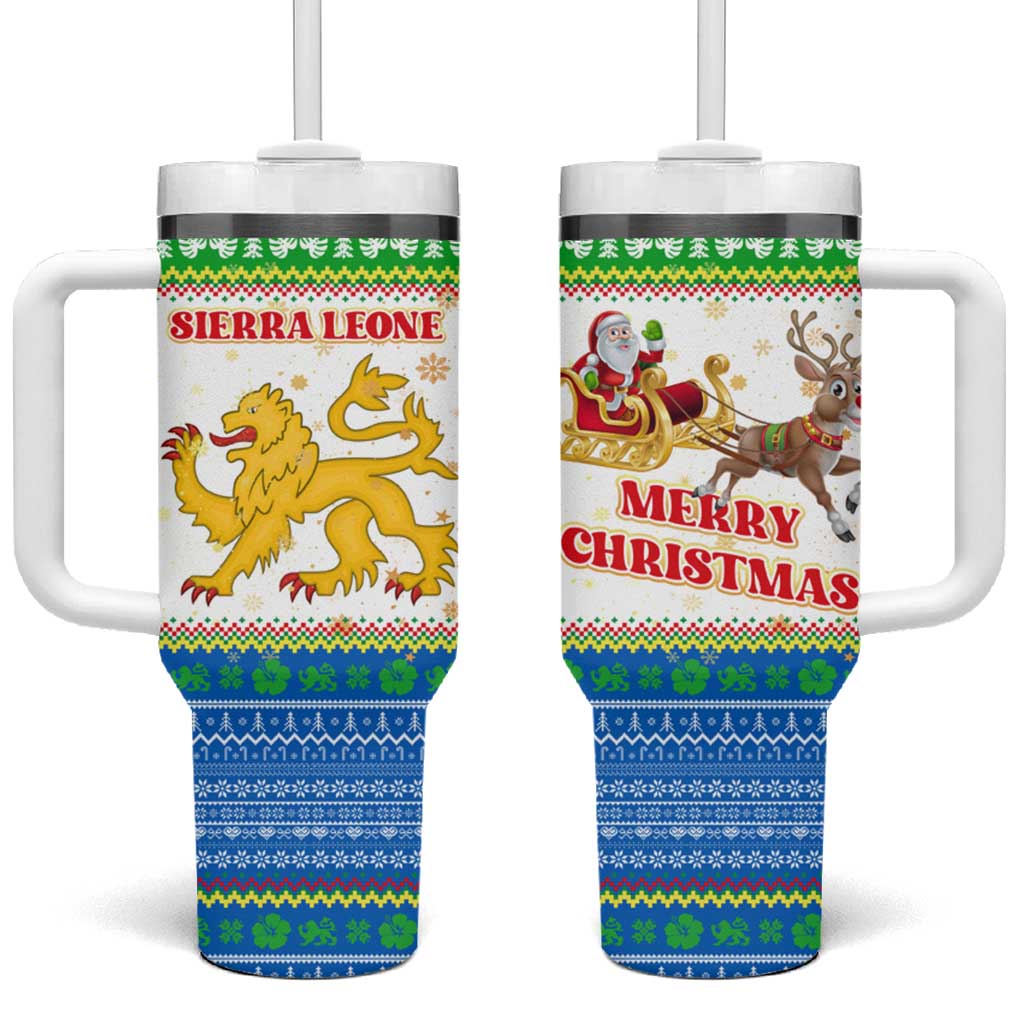 Sierra Leone Christmas Tumbler With Handle Festive Pattern Golden Lion Emblem and Santa Sleigh - African Pride