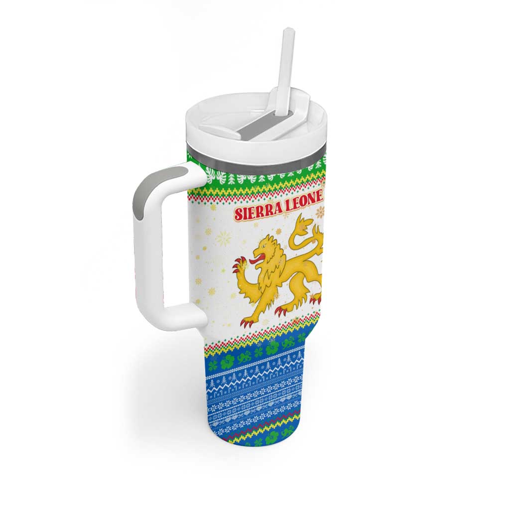 Sierra Leone Christmas Tumbler With Handle Festive Pattern Golden Lion Emblem and Santa Sleigh - African Pride