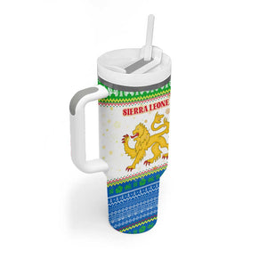 Sierra Leone Christmas Tumbler With Handle Festive Pattern Golden Lion Emblem and Santa Sleigh - African Pride