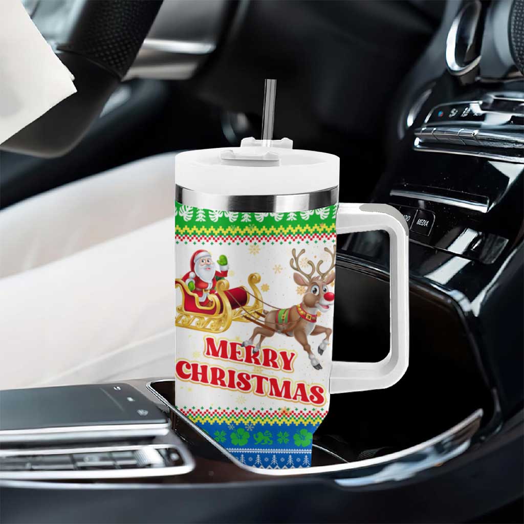 Sierra Leone Christmas Tumbler With Handle Festive Pattern Golden Lion Emblem and Santa Sleigh - African Pride