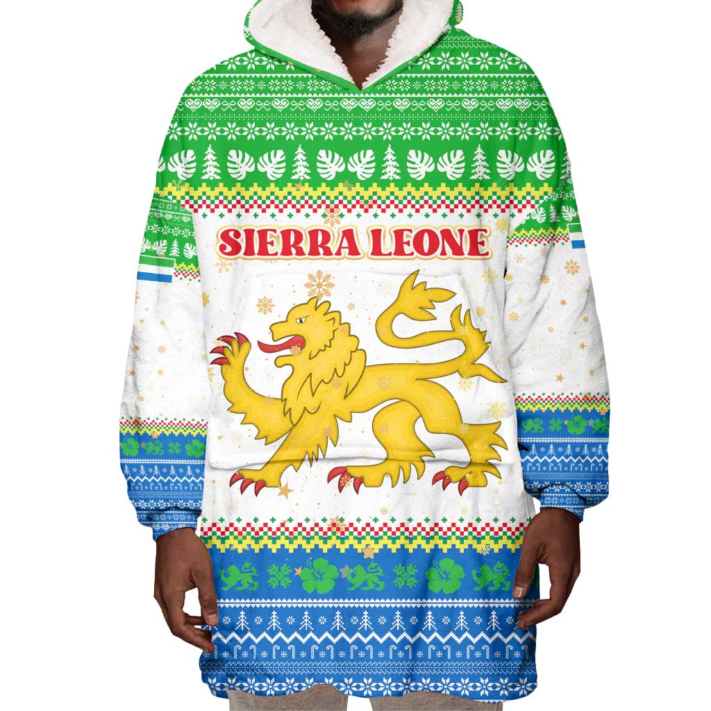 Sierra Leone Christmas Wearable Blanket Hoodie Festive Pattern Golden Lion Emblem and Santa Sleigh - African Pride