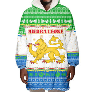 Sierra Leone Christmas Wearable Blanket Hoodie Festive Pattern Golden Lion Emblem and Santa Sleigh - African Pride