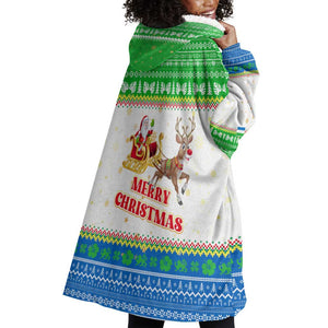 Sierra Leone Christmas Wearable Blanket Hoodie Festive Pattern Golden Lion Emblem and Santa Sleigh - African Pride