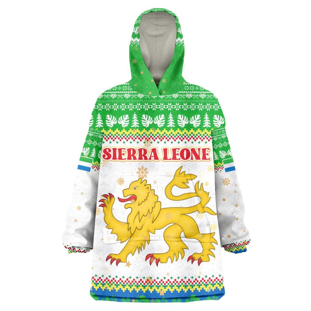 Sierra Leone Christmas Wearable Blanket Hoodie Festive Pattern Golden Lion Emblem and Santa Sleigh - African Pride