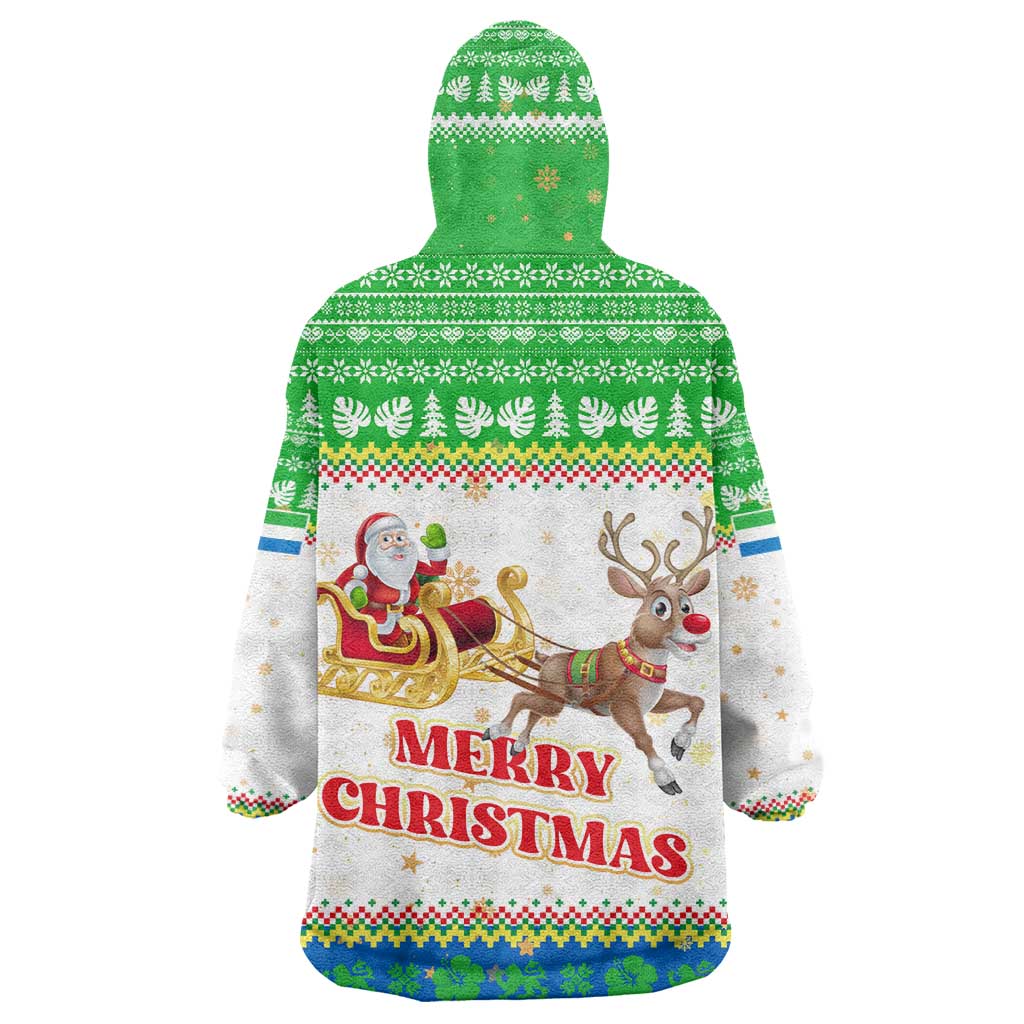 Sierra Leone Christmas Wearable Blanket Hoodie Festive Pattern Golden Lion Emblem and Santa Sleigh - African Pride