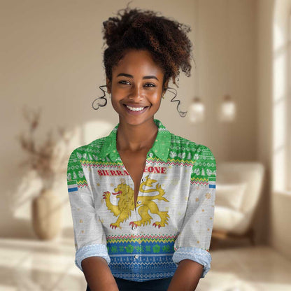 Sierra Leone Christmas Women Casual Shirt Festive Pattern Golden Lion Emblem and Santa Sleigh - African Pride