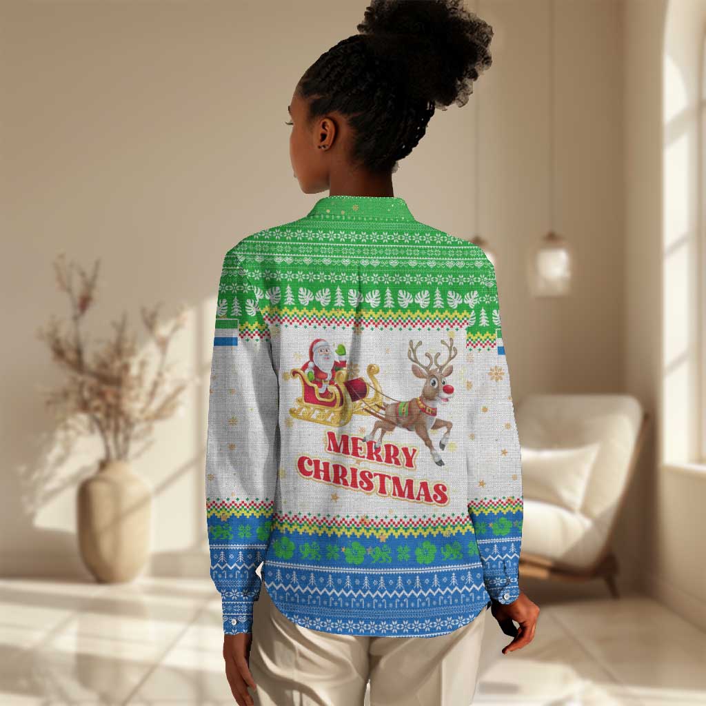 Sierra Leone Christmas Women Casual Shirt Festive Pattern Golden Lion Emblem and Santa Sleigh - African Pride