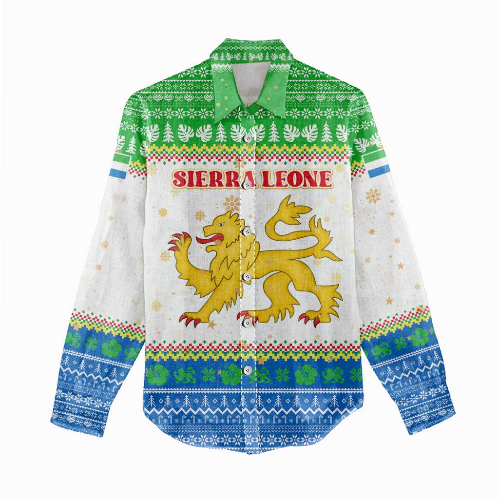 Sierra Leone Christmas Women Casual Shirt Festive Pattern Golden Lion Emblem and Santa Sleigh - African Pride