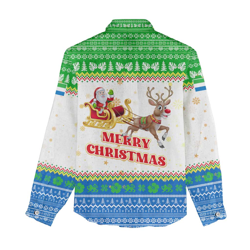 Sierra Leone Christmas Women Casual Shirt Festive Pattern Golden Lion Emblem and Santa Sleigh - African Pride