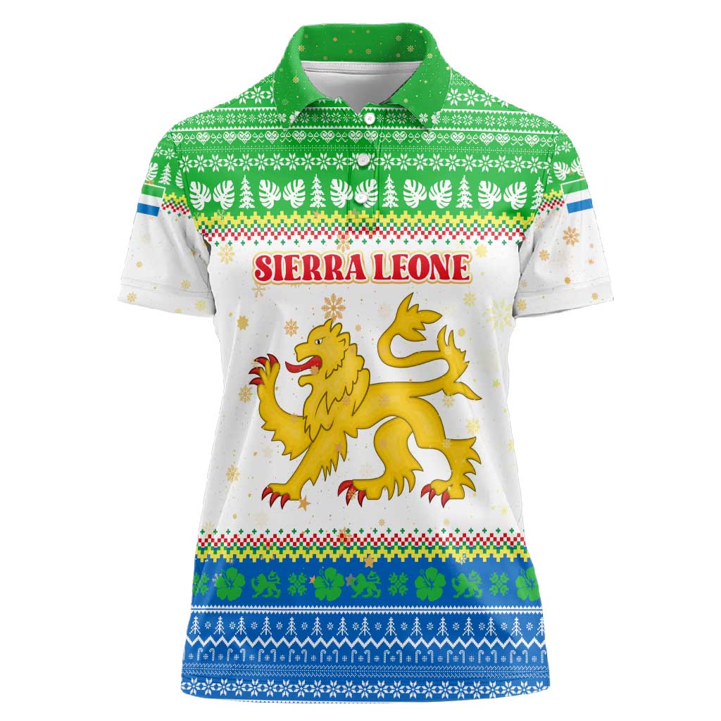 Sierra Leone Christmas Women Polo Shirt Festive Pattern Golden Lion Emblem and Santa Sleigh - African Pride