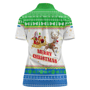 Sierra Leone Christmas Women Polo Shirt Festive Pattern Golden Lion Emblem and Santa Sleigh - African Pride