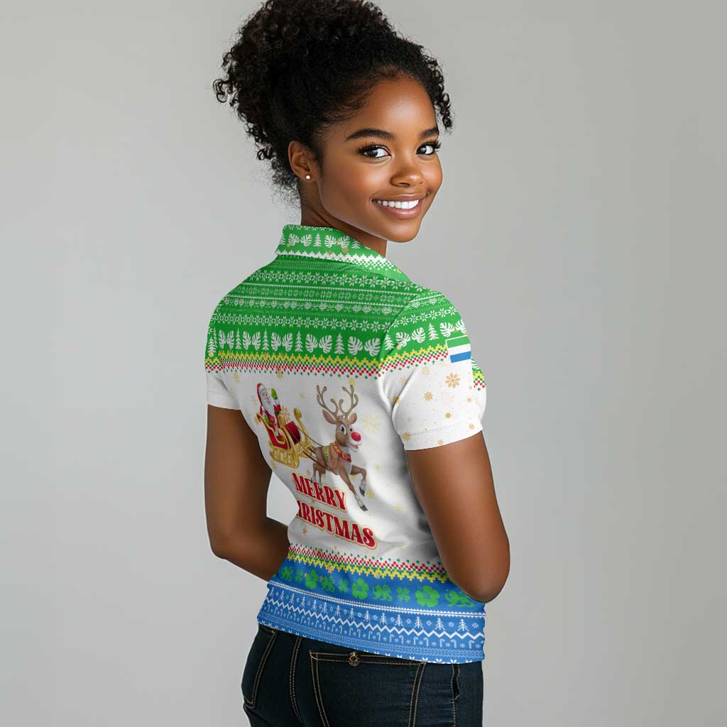 Sierra Leone Christmas Women Polo Shirt Festive Pattern Golden Lion Emblem and Santa Sleigh - African Pride