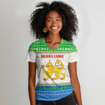 Sierra Leone Christmas Women V-Neck T-Shirt Festive Pattern Golden Lion Emblem and Santa Sleigh - African Pride