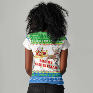 Sierra Leone Christmas Women V-Neck T-Shirt Festive Pattern Golden Lion Emblem and Santa Sleigh - African Pride