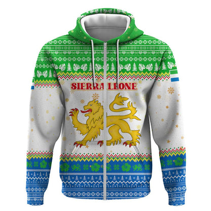 Sierra Leone Christmas Zip Hoodie Festive Pattern Golden Lion Emblem and Santa Sleigh - African Pride