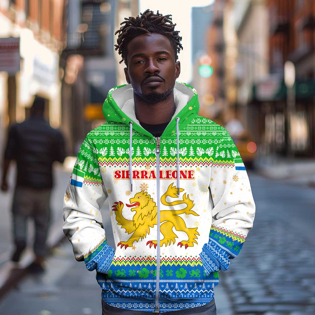Sierra Leone Christmas Zip Hoodie Festive Pattern Golden Lion Emblem and Santa Sleigh - African Pride
