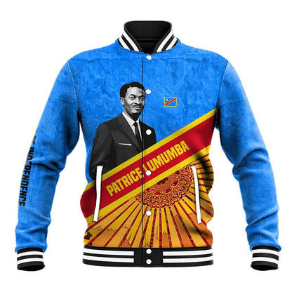 Patrice Lumumba Baseball Jacket with Congolese Flag Colors and African History Quote - African Pride