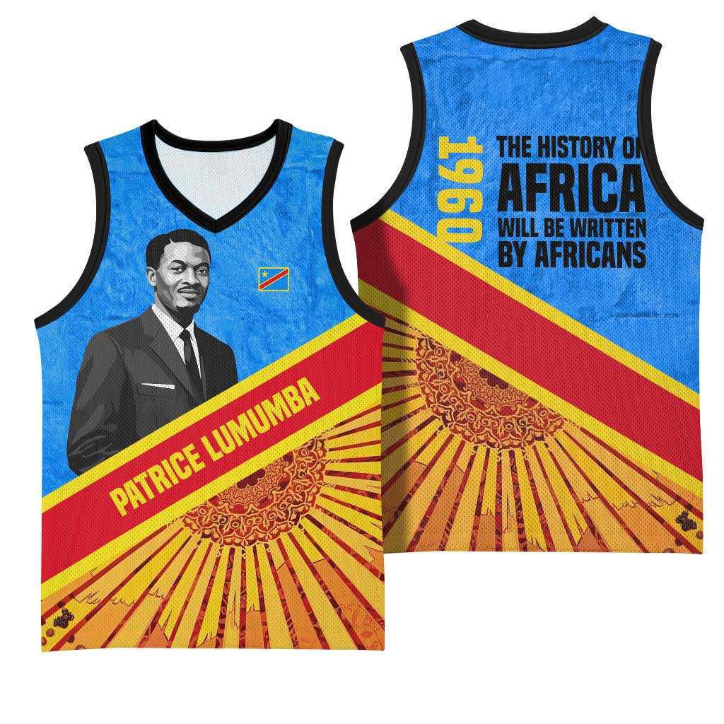 Patrice Lumumba Basketball Jersey with Congolese Flag Colors and African History Quote - African Pride