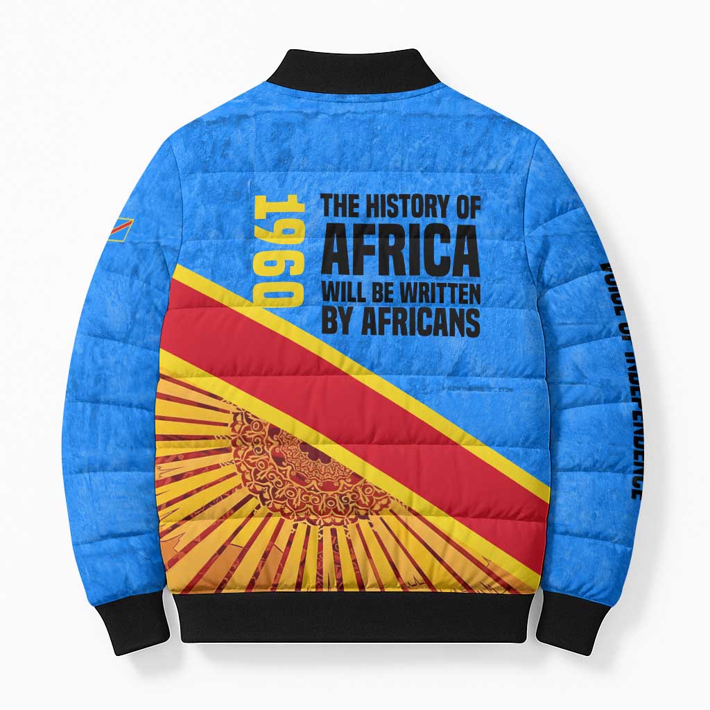 Patrice Lumumba Bomber Puffer Jacket with Congolese Flag Colors and African History Quote - African Pride