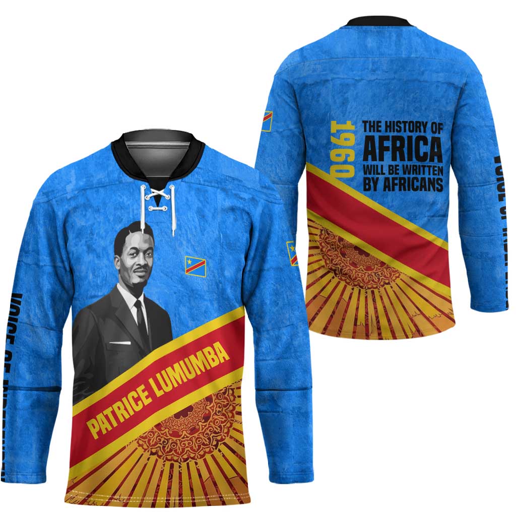 Patrice Lumumba Hockey Jersey with Congolese Flag Colors and African History Quote - African Pride