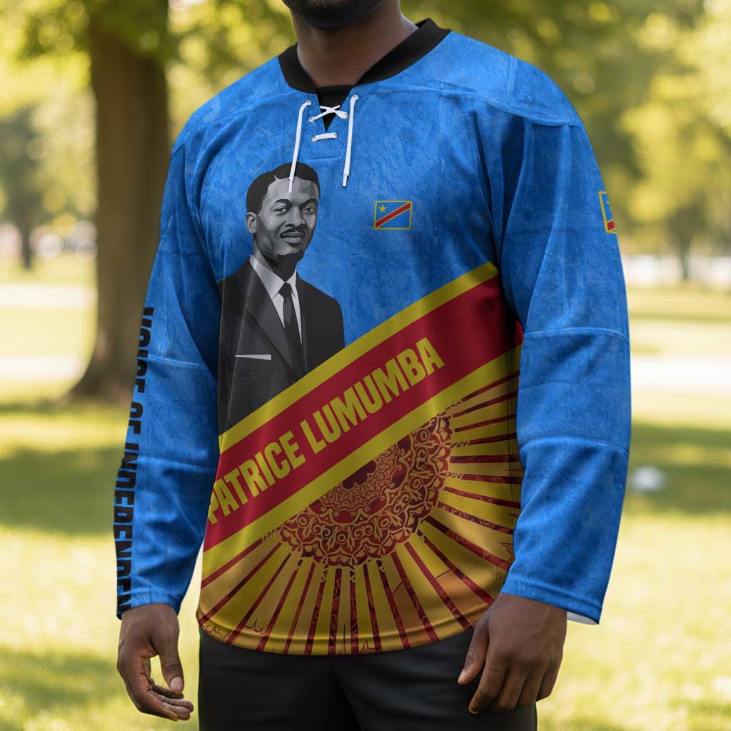 Patrice Lumumba Hockey Jersey with Congolese Flag Colors and African History Quote - African Pride