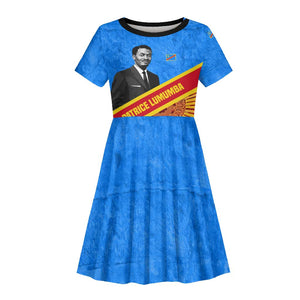 Patrice Lumumba Kid Short Sleeve Dress with Congolese Flag Colors and African History Quote - African Pride