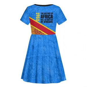 Patrice Lumumba Kid Short Sleeve Dress with Congolese Flag Colors and African History Quote - African Pride