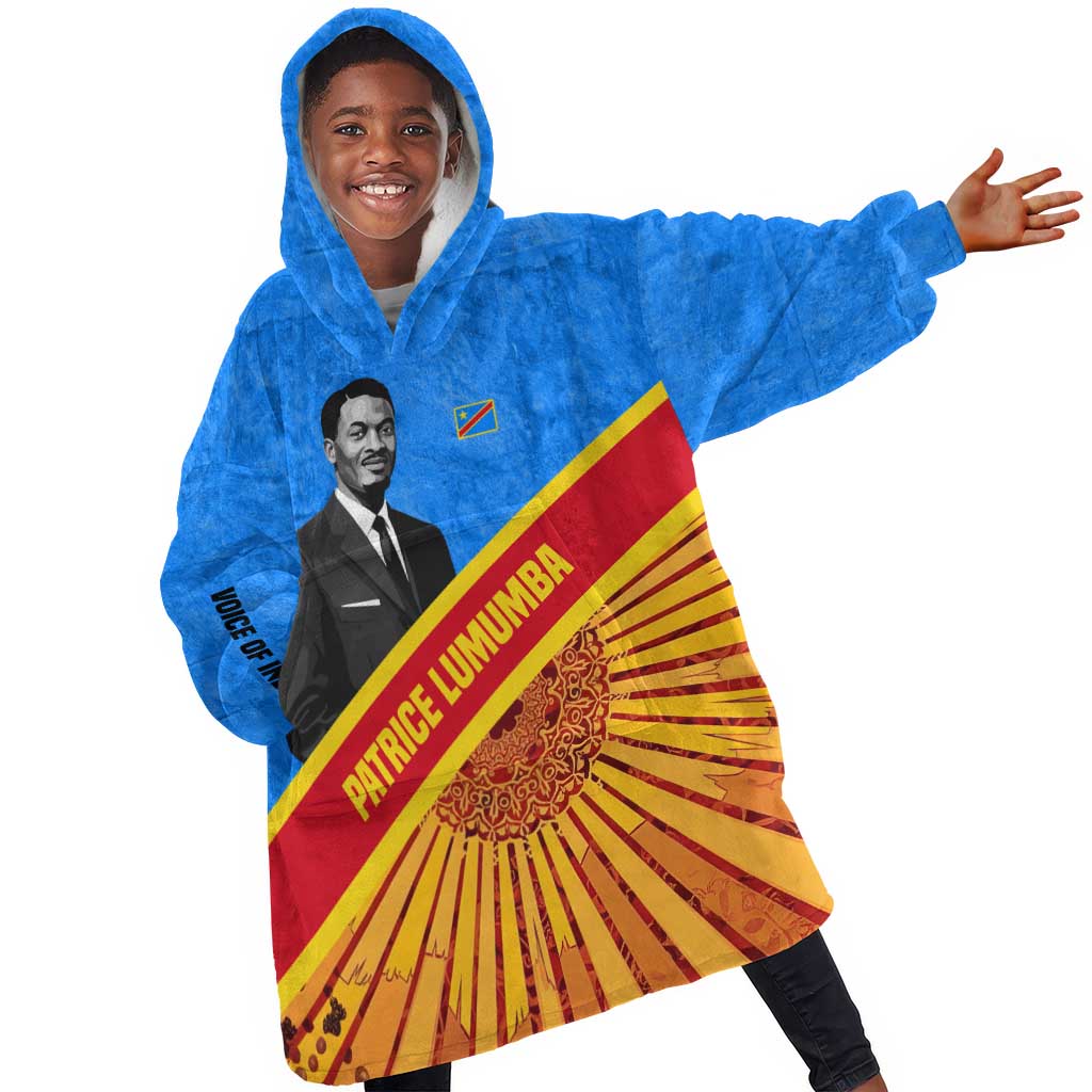 Patrice Lumumba Kid Wearable Blanket Hoodie with Congolese Flag Colors and African History Quote - African Pride