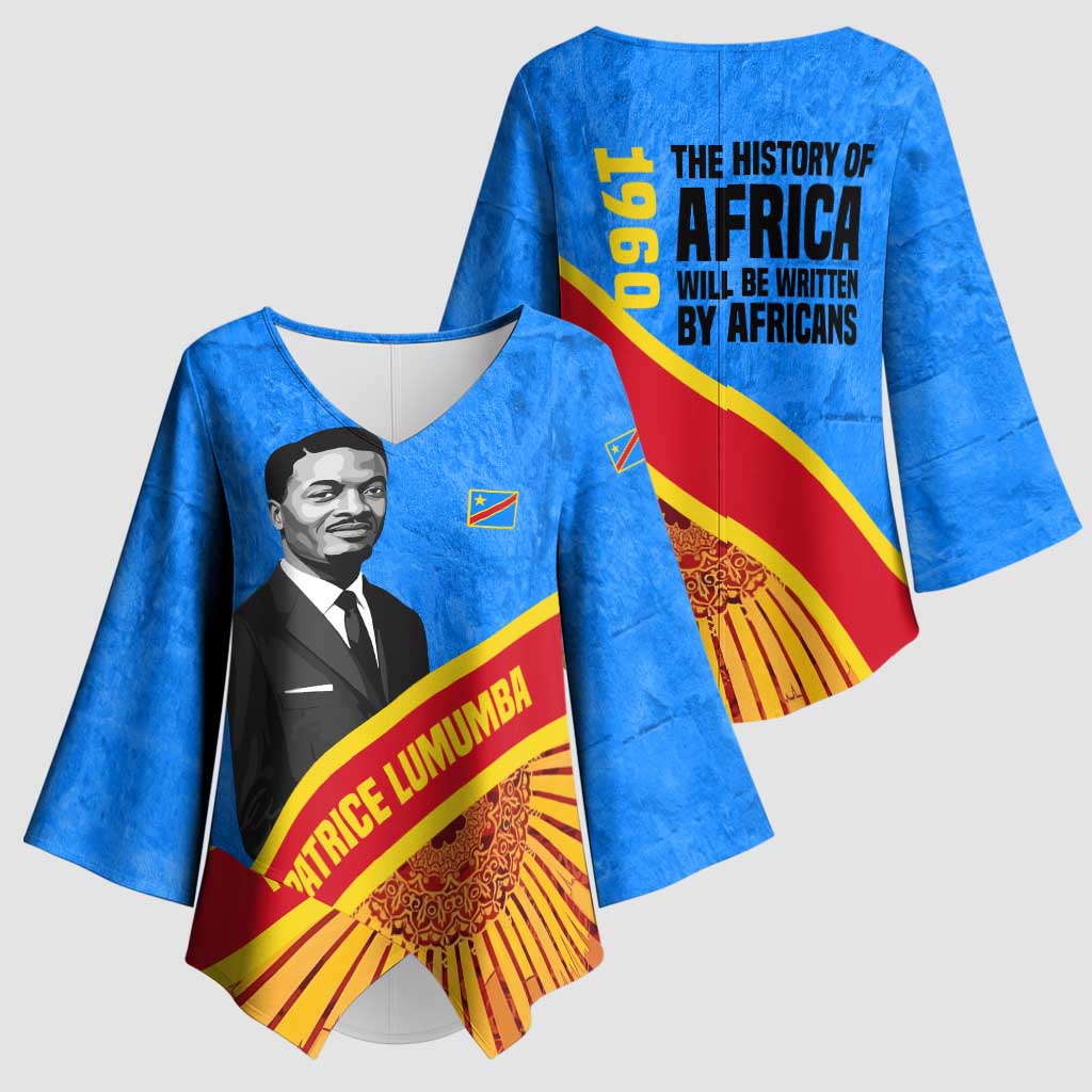 Patrice Lumumba Kimono Sleeve Blouse with Congolese Flag Colors and African History Quote - African Pride
