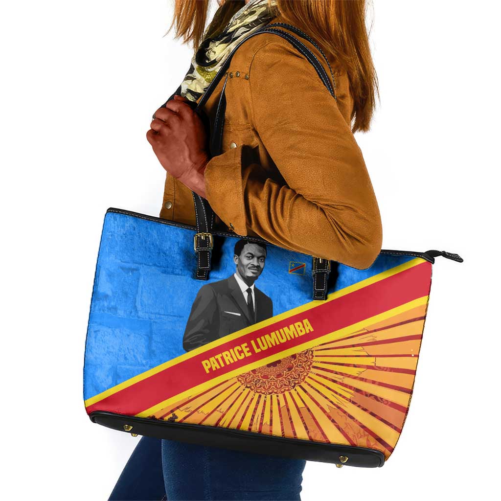 Patrice Lumumba Leather Tote Bag with Congolese Flag Colors and African History Quote - African Pride