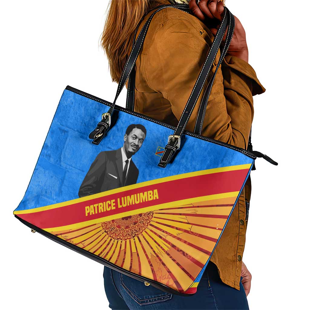 Patrice Lumumba Leather Tote Bag with Congolese Flag Colors and African History Quote - African Pride