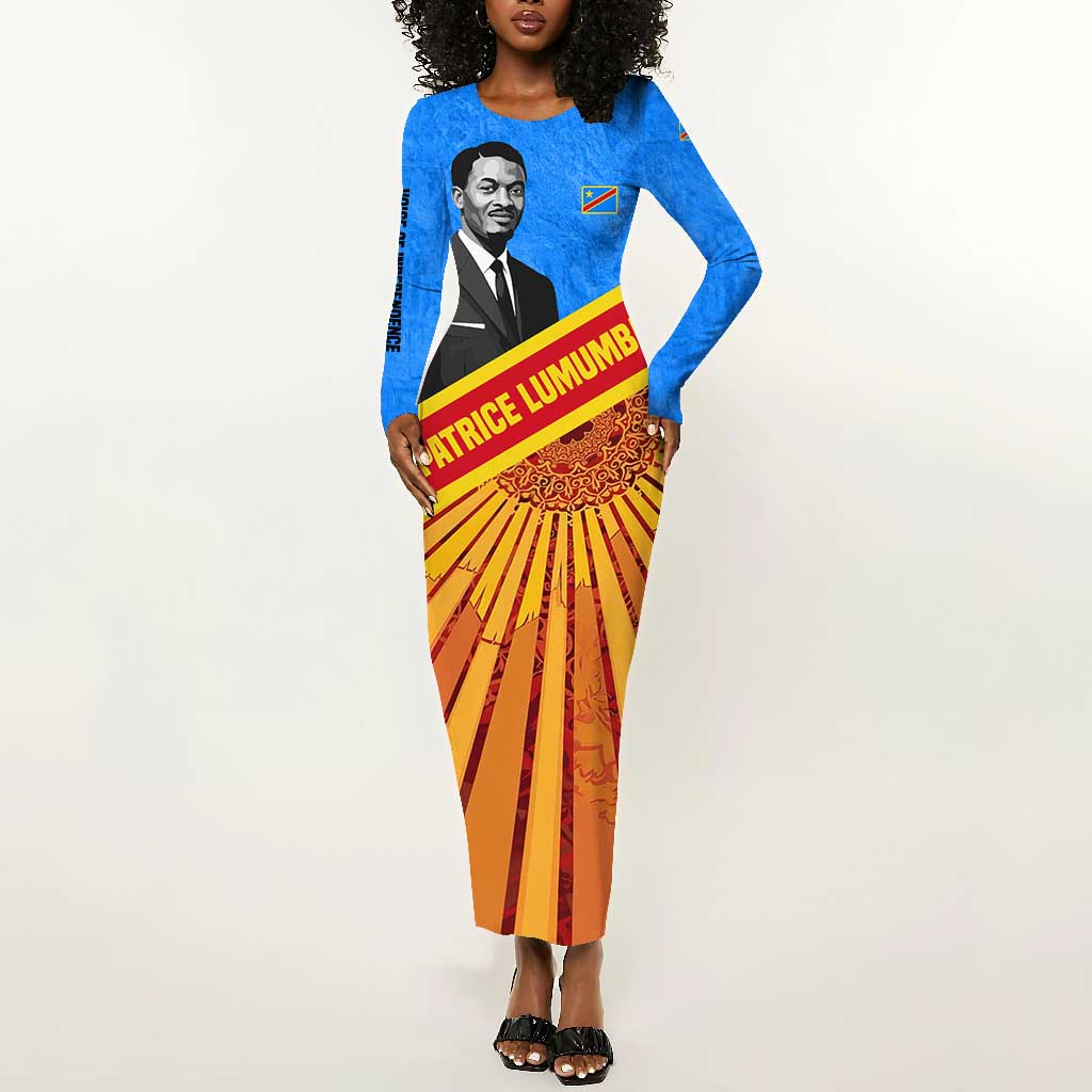 Patrice Lumumba Long Sleeve Bodycon Dress with Congolese Flag Colors and African History Quote - African Pride