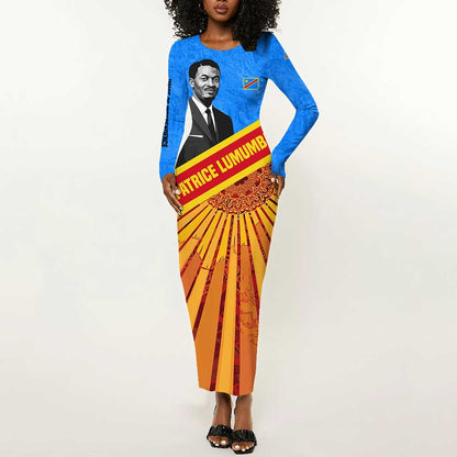 Patrice Lumumba Long Sleeve Bodycon Dress with Congolese Flag Colors and African History Quote - African Pride