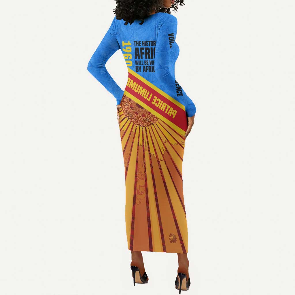 Patrice Lumumba Long Sleeve Bodycon Dress with Congolese Flag Colors and African History Quote - African Pride