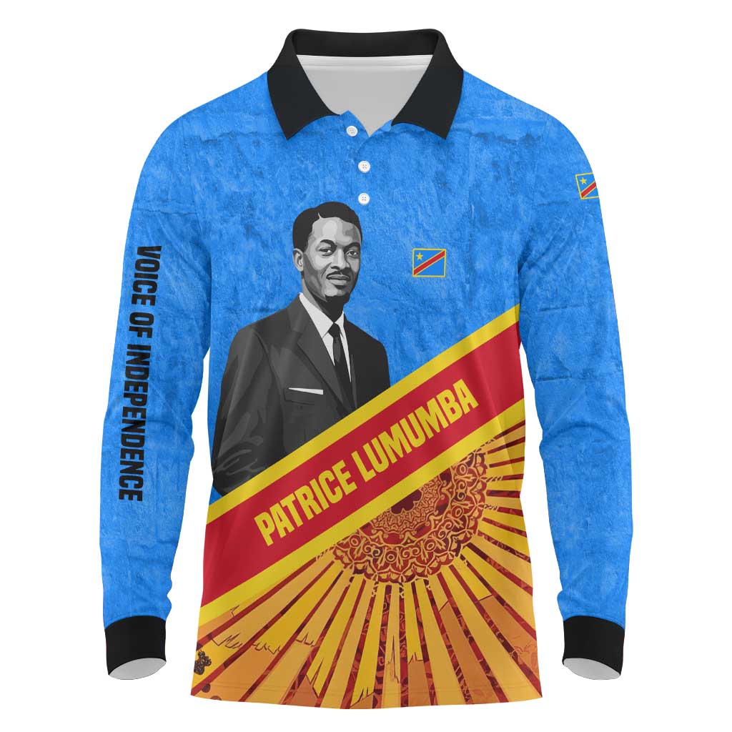 Patrice Lumumba Long Sleeve Polo Shirt with Congolese Flag Colors and African History Quote - African Pride