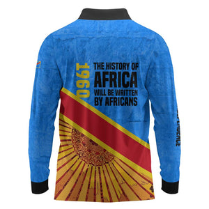 Patrice Lumumba Long Sleeve Polo Shirt with Congolese Flag Colors and African History Quote - African Pride