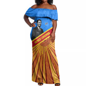 Patrice Lumumba Off Shoulder Maxi Dress with Congolese Flag Colors and African History Quote - African Pride